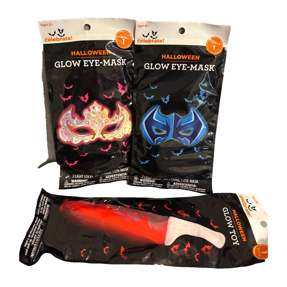 Lot of 3 Blue Bat Glow Eye-Mask, Pink Tiara Glow Eye-Mask, Glow Toy Bloody Knife